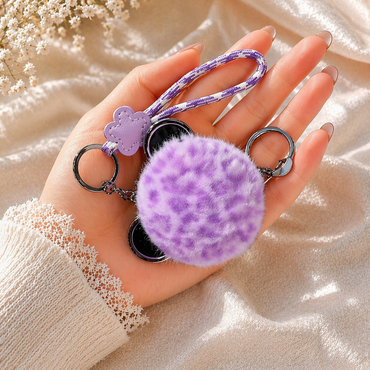 2-in-1 Stylish Fur Pom Keychain & Portable Pocket Mirror