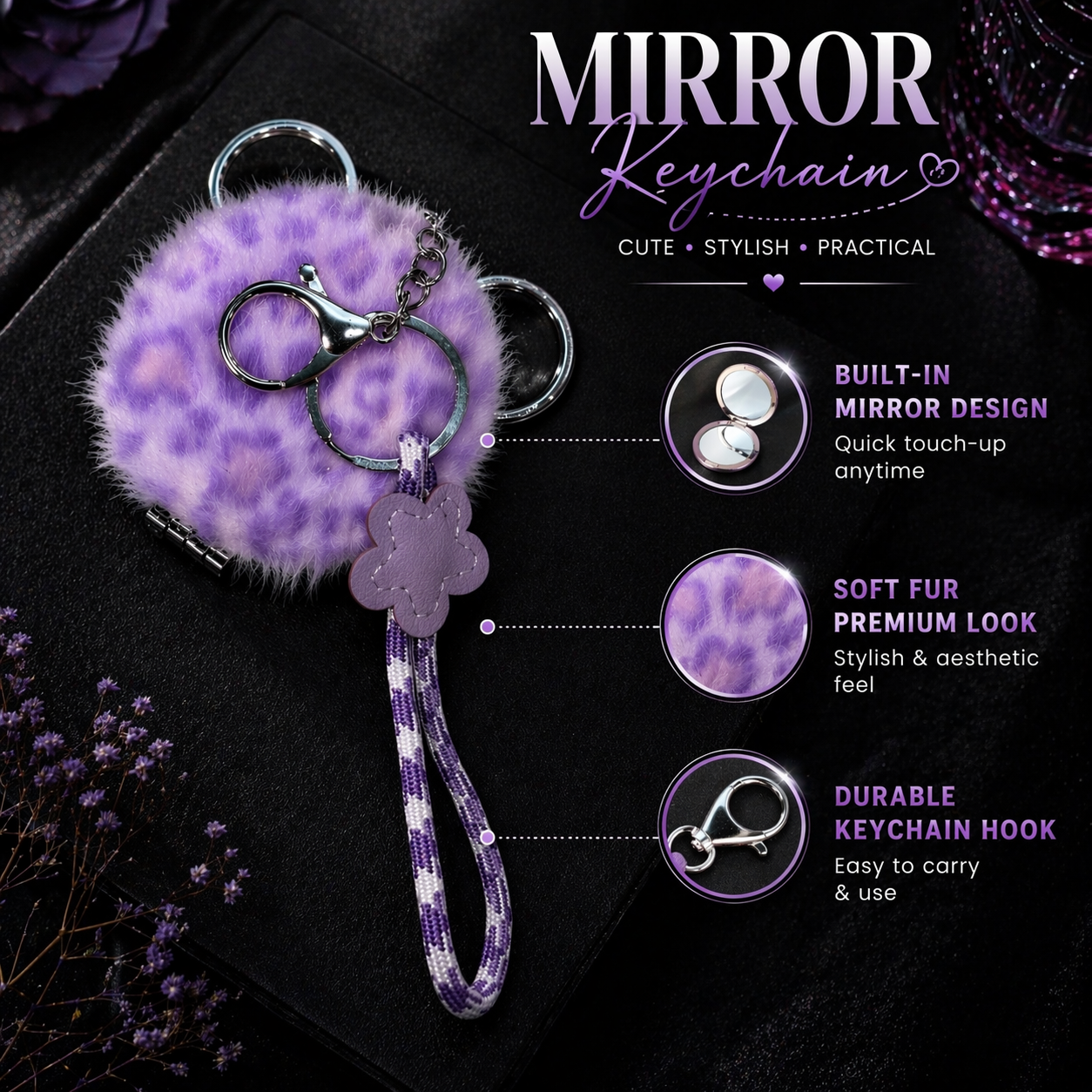 2-in-1 Stylish Fur Pom Keychain & Portable Pocket Mirror - Image 3